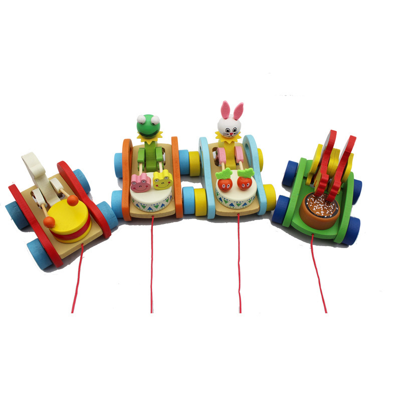 Children's Wooden Bear Drag Car Baby Drag Toddler Cartoon Bear Drum Toy Car Animal White Rabbit Drag Car