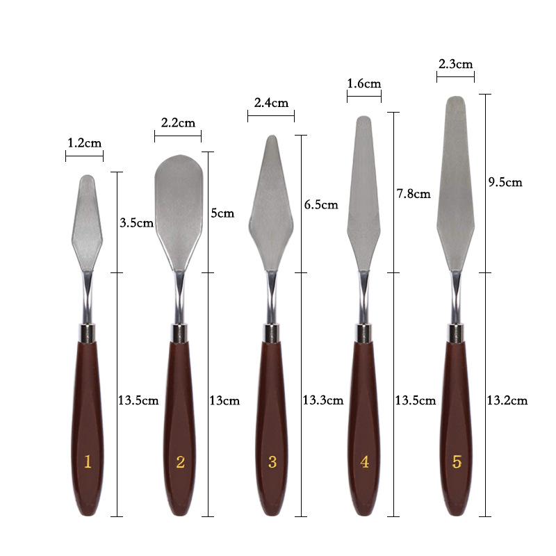 木柄5件套装颜料调色刀水粉油画刀多种用途丙烯刀不锈钢美术刮刀