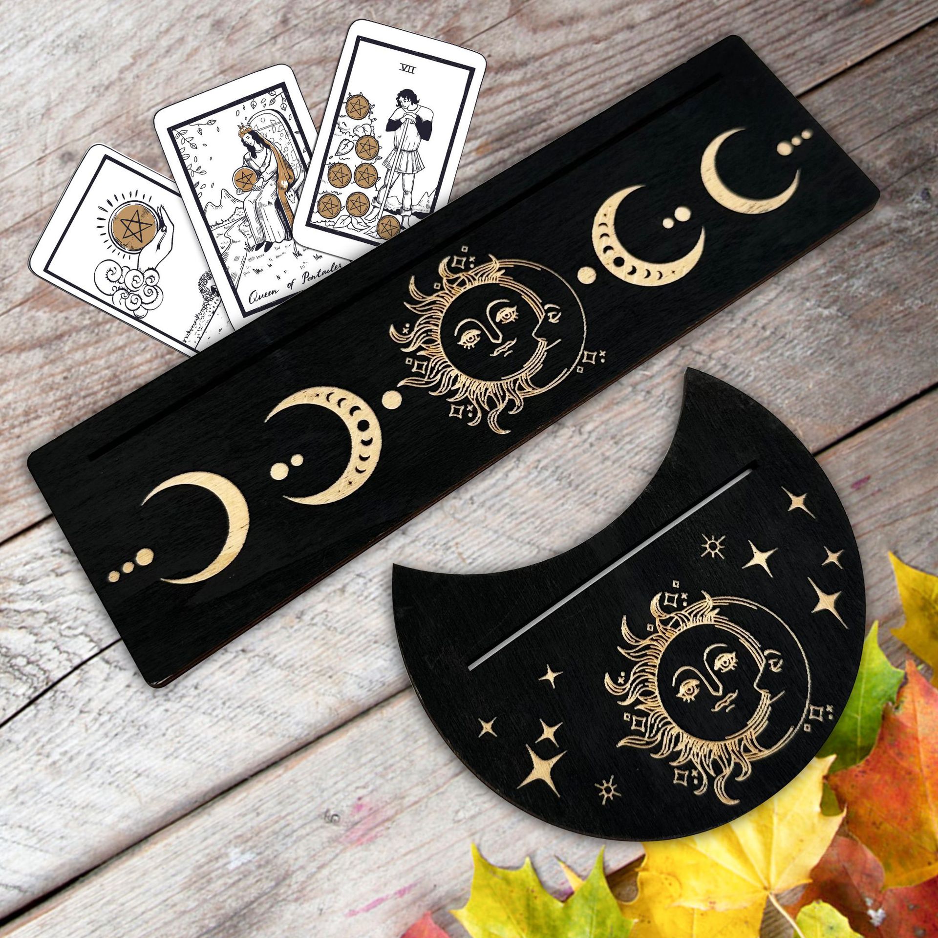 Cross-border new wood black decorative home accessories ash wood carved crystal tarot card stand craft