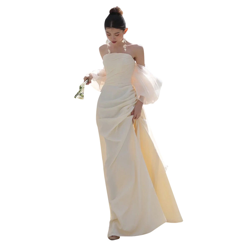 French Strapless Light Wedding Dress 2024 Summer New Mori Satin Welcome Gauze Fishtail Slim Dress Factory Supply