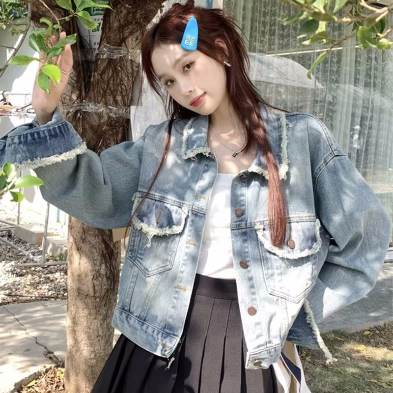 Spring and Autumn Xiaoxiang wind hair fringe Denim coat women's design sense niche short loose casual age-reducing jacket top