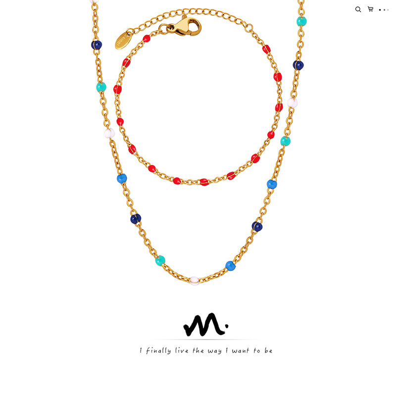 Bohemian Style Enamel Drop Oil Painted Pearl Choker Simple Cross Clasp Pearl Plain Chain Titanium Steel Non-fading Women's Necklace 