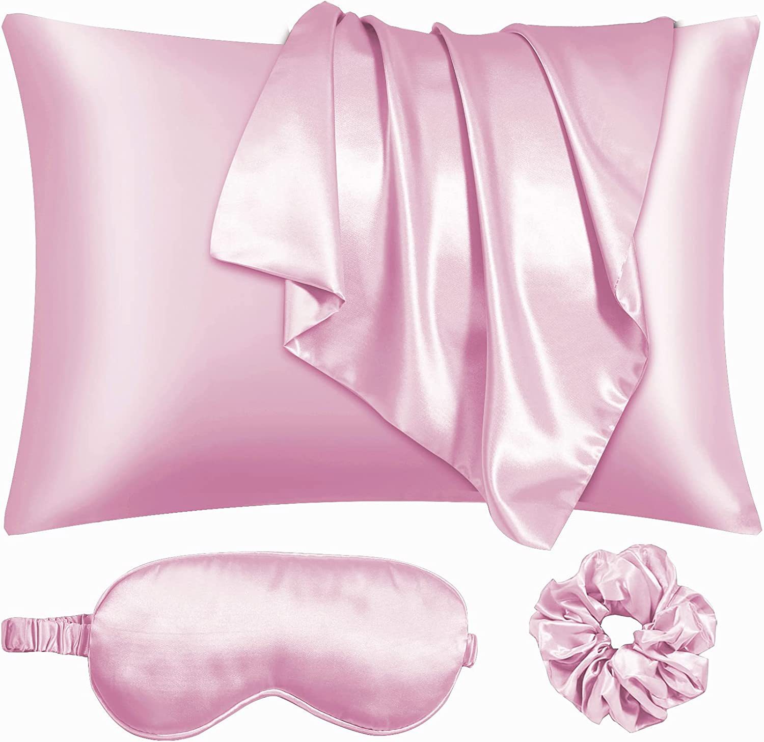 Amazon Hot Sale Satin Imitation Silk Pillow Case with Eye Mask Hair Ring Combination Pillow Cover Satin Large Intestine Rubber Band Hair Ring