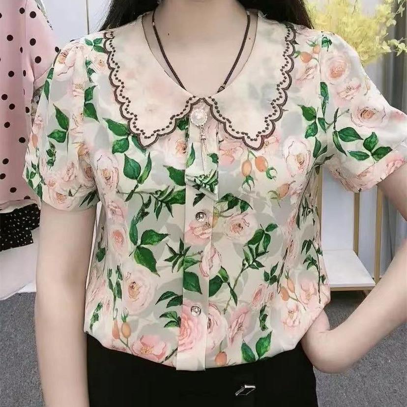 2024 Summer new small floral chiffon shirt women's summer design top doll collar short sleeve floral shirt