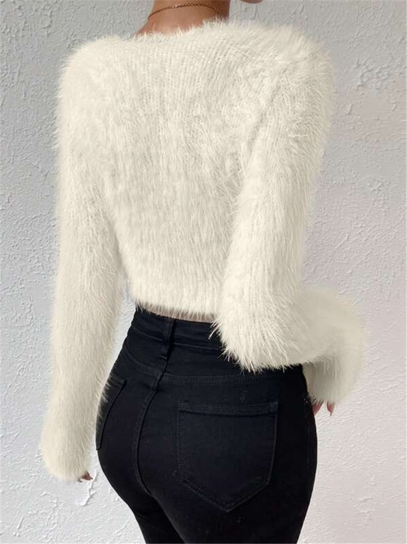European and American cross-border Amazon autumn and winter new independent station solid color V-neck slim fit all-match plush short women's sweater