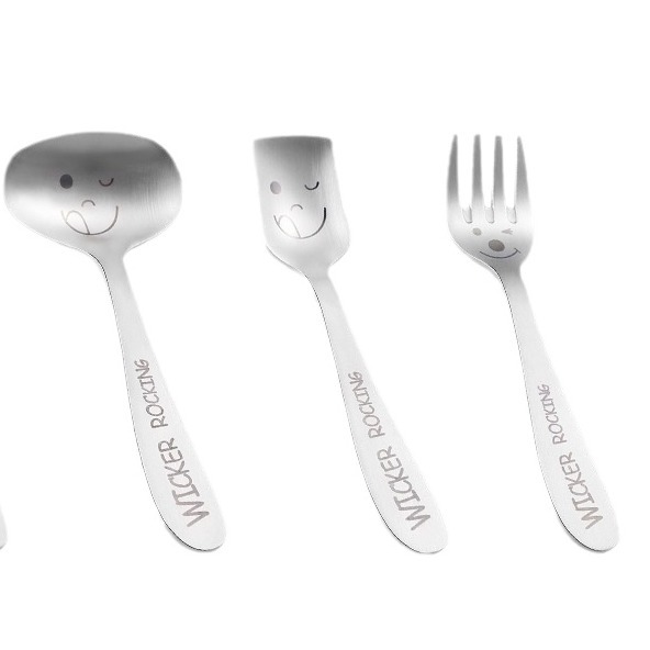 304 stainless steel Children's tableware set children's fork spoon thickened oblique handle sanding laser smiley face small spoon