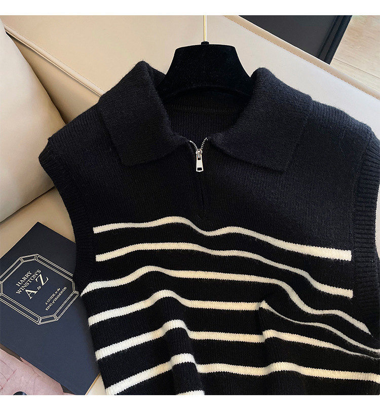 Koreanischen stil retro revers reißverschluss gestreiften gestrickte weste pullover frauen herbst und winter innen tragen äußere tragen temperament weste frauen_voghion.com
