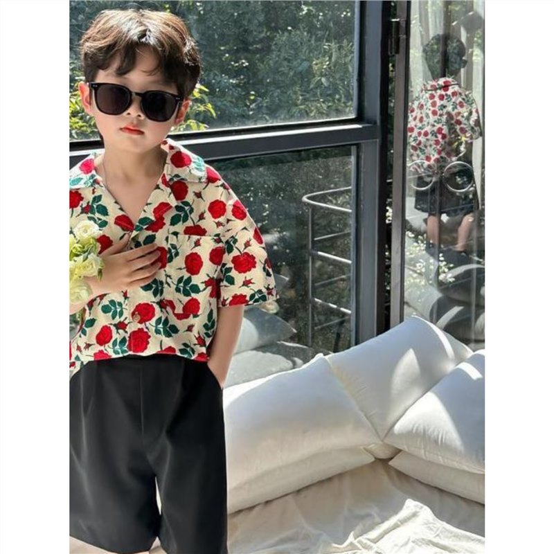 Boys' Hong Kong Style Flower Shirt Summer Children's Wear 2023 New Baby Top Fried Street Children's Short-sleeved Loose Shirt Trendy