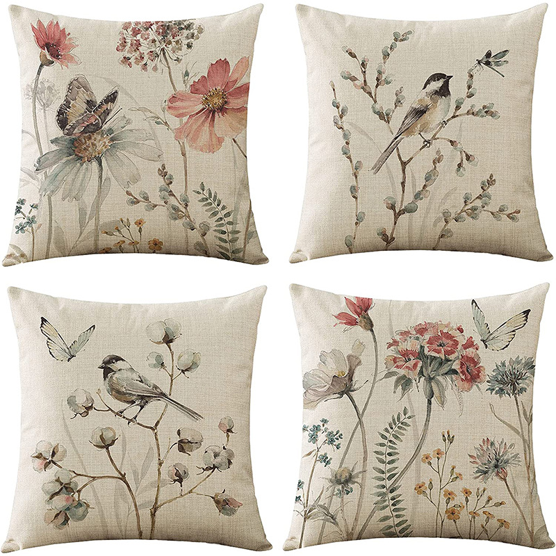 Vintage Flower Plant Pillow Case Linen Printing Living Room Sofa Bedroom Decorative Cushion Pillow Case Cross Border Amazon