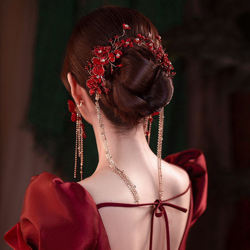 Korean-style handmade tassel hair bridal headdress red toasting clothes hair accessories modeling design studio Xiuhe accessories