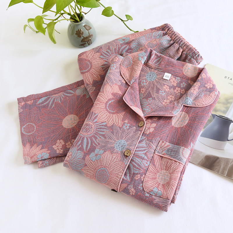 Retro printed pajamas women's spring and autumn yarn-dyed cotton gauze double-layer thin loose long sleeve home wear suit