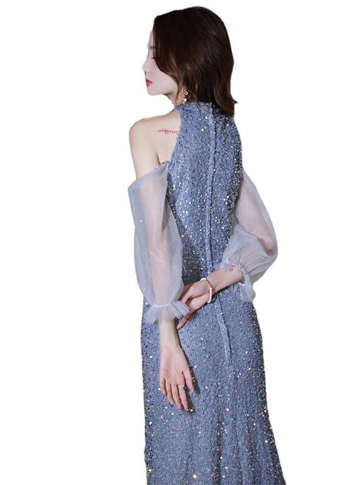 Annual Meeting Evening Dress Dress Women's 2024 Blue Long Neck Hanging Host Light Luxury Niche Celebrity Banquet Elegant Sequins