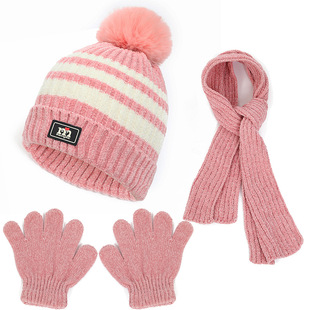 European and American children's hat scarf gloves three-piece set autumn and winter chenille fleece-lined warm thickened knitted hat suit