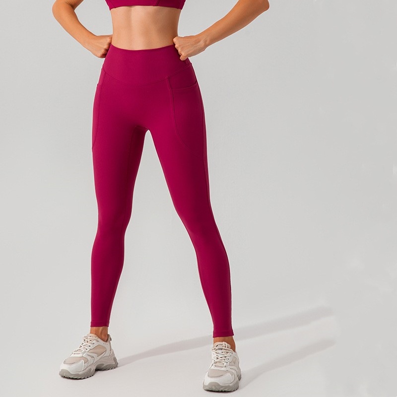 lulu European and American thread high waist hip lifting yoga pants pocket belly contracting tight sports pants running quick-drying fitness pants for women