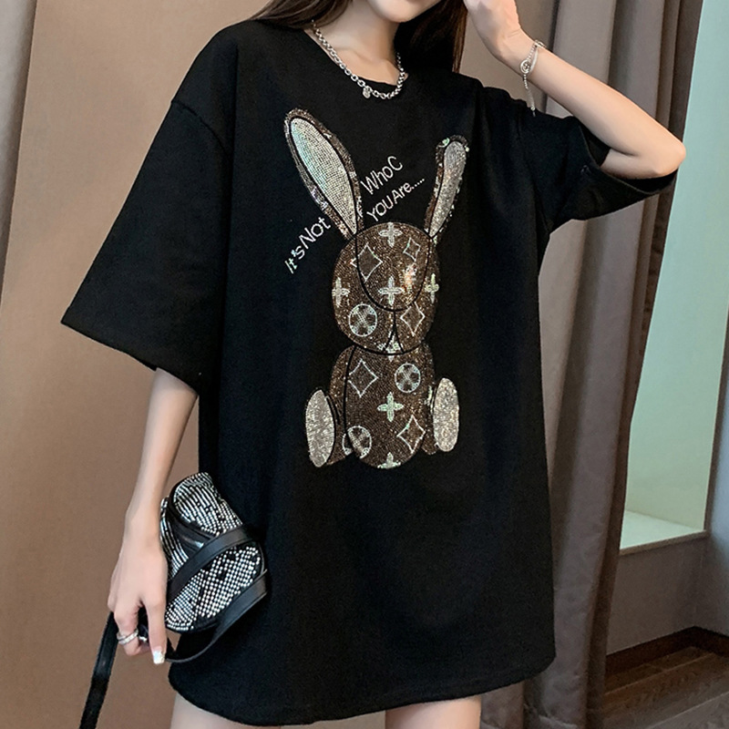 2024 Summer New Fashion Brand Mid-length Heavy Industry Hot Drilling Short Sleeve T-shirt Women's European Station European Goods Large Edition ins Internet Celebrity