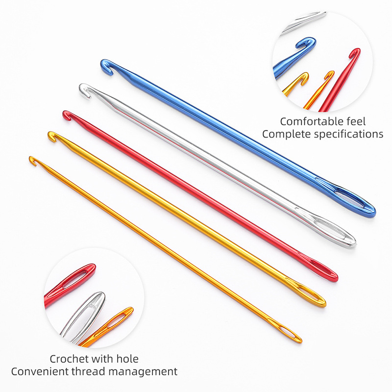 Factory direct single head aluminum crochet Afghanistan crochet with hole hand knitting diy tool metal sweater needle