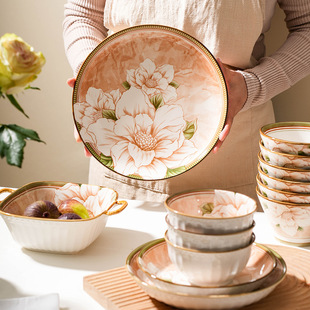 Nordic creative Camellia Bowl plate tableware household High-looking plate rice bowl Soup Bowl Baking tray combination wholesale