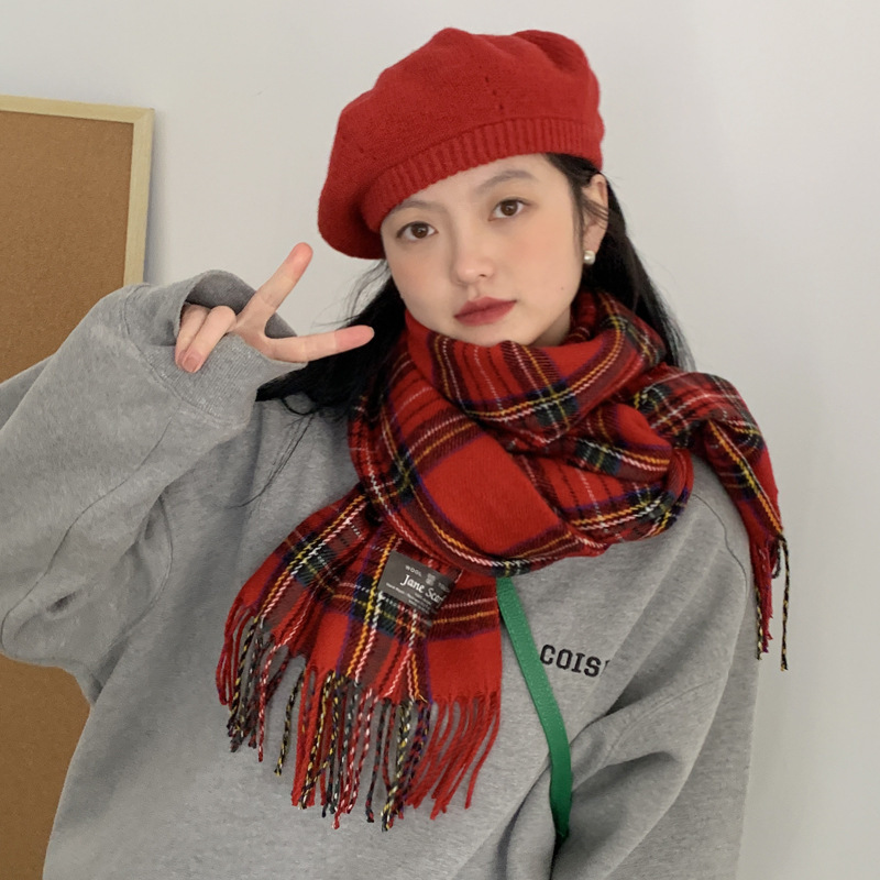 Red plaid scarf for women winter new Korean version all-match imitation cashmere warm animal year shawl scarf