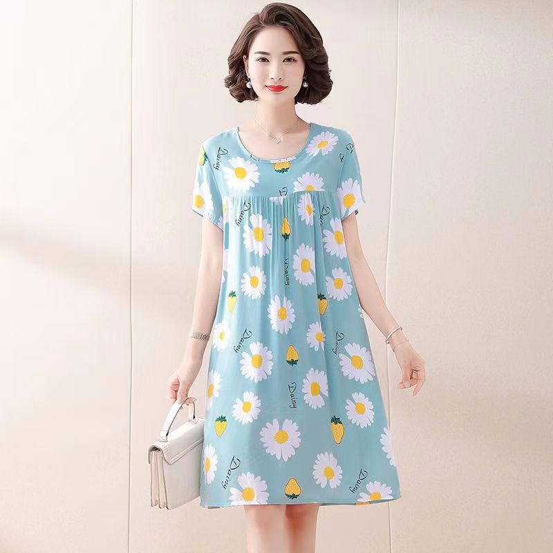 2023 New Women's Cotton Print Dress Short-sleeved Summer Thin Household Outer-wearable Casual Nightdress