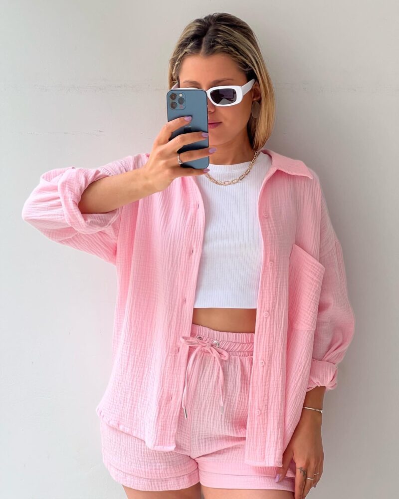 2023  European and American Women's Wrinkled Lapel Long Sleeve Shirt High Waist Drawstring Shorts Fashion Casual Two-Piece Set_voghion.com