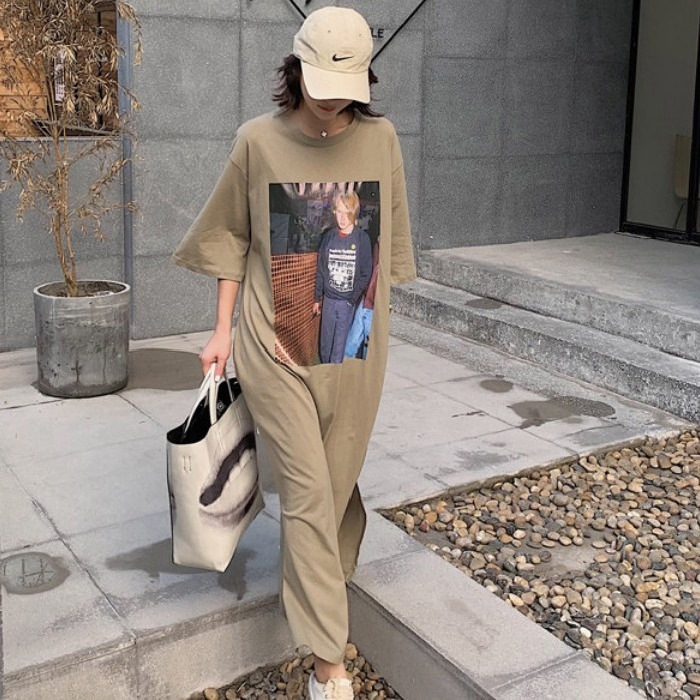Summer short-sleeved personalized South Korea long T-shirt dress casual loose plus size slimming split dress nightdress can be worn outside