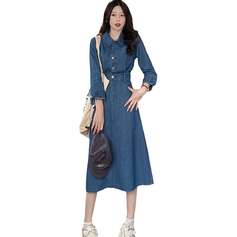 plus size Women's chubby girl Early Autumn Tibetan Flesh Slimming Denim dress Temperament Retro Design Mature Light Luxury Dress