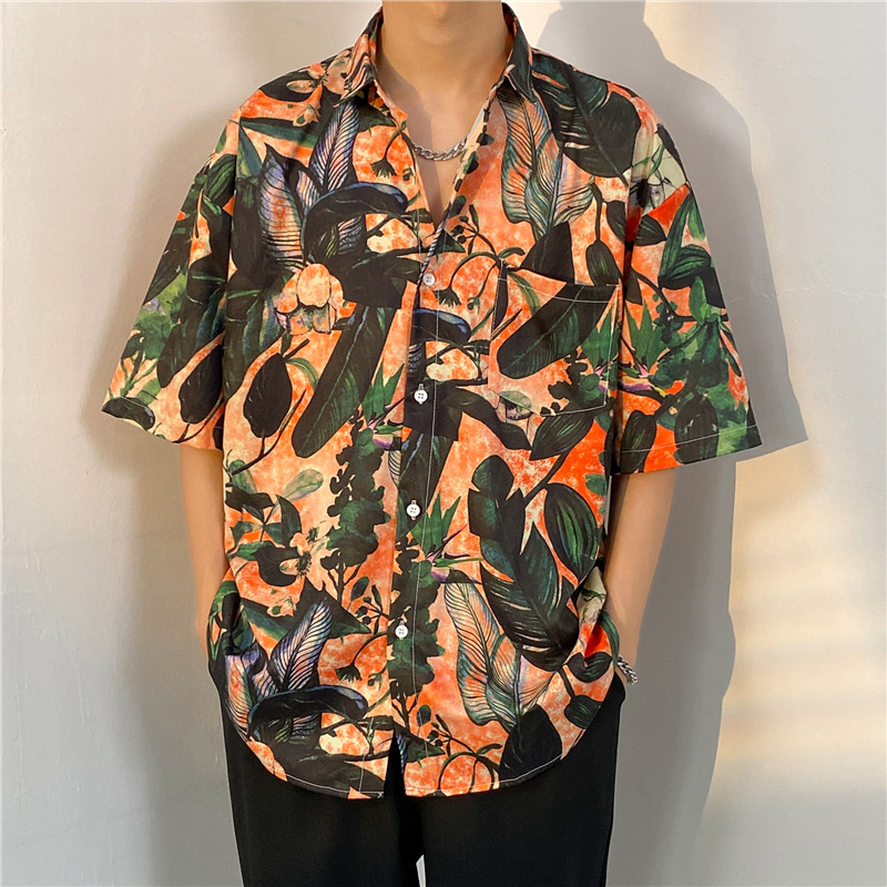 Shirt Men's Summer Thin American Style Retro Printed Short-sleeved Shirt All-match Ins High Street Casual Loose Top Clothes
