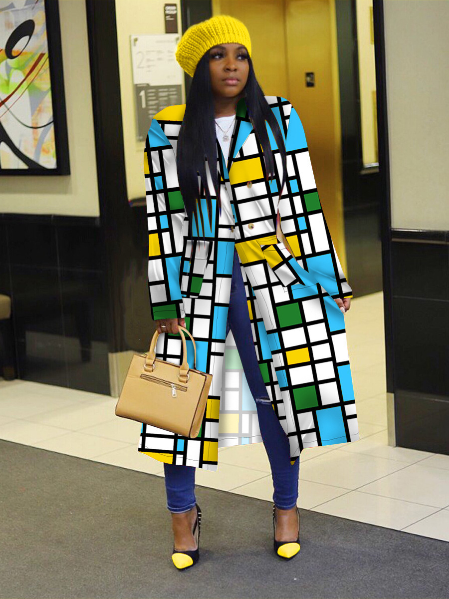 Autumn and winter New trench coat cross-border European and American plus size plaid printed double-breasted lapel coat coat women's coat_voghion.com