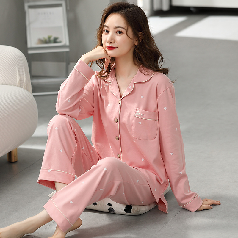 Spring and Autumn Combed Cotton Pajamas Women's Long Sleeve Cardigan Lapel Cotton Comfortable Live Explosions Women's Cross-border Home Clothes