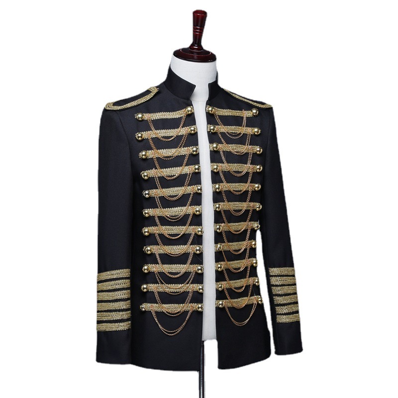 Men's Military Nightclub DJ Black and Red with Metal Chain European-style Court Performance Clothing Men's Military Dress Bar Performance Clothing