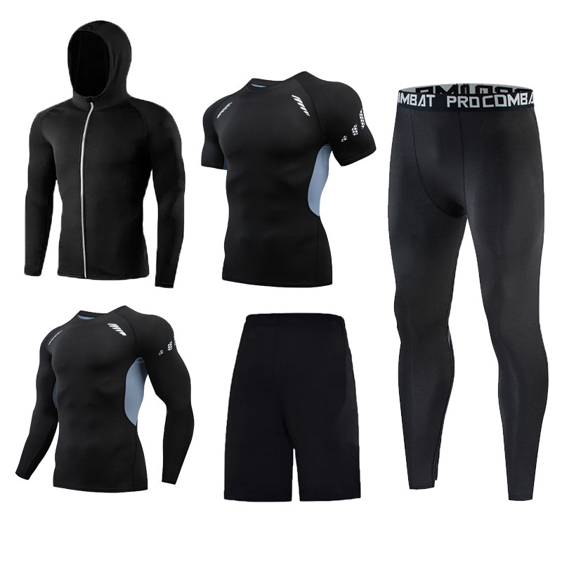 Morning Running Sports Tights Men's Running Suit Five-piece Quick-drying Clothes Basketball Training Suit Tights Fitness suit