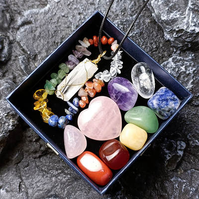 Natural Crystal Jade Colorful Stone Combination Set Powder Crystal Love Hexagon Pendant Multi-color Matching Gift Box