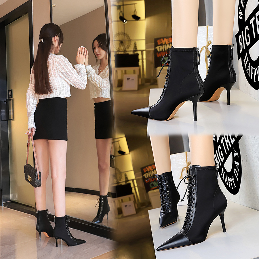 1838-1 Korean Fashion Sexy Slimming Women's Boots Thin Heel High Heel Shallow Mouth Pointed Lace-up Cross Strap Ankle Boots