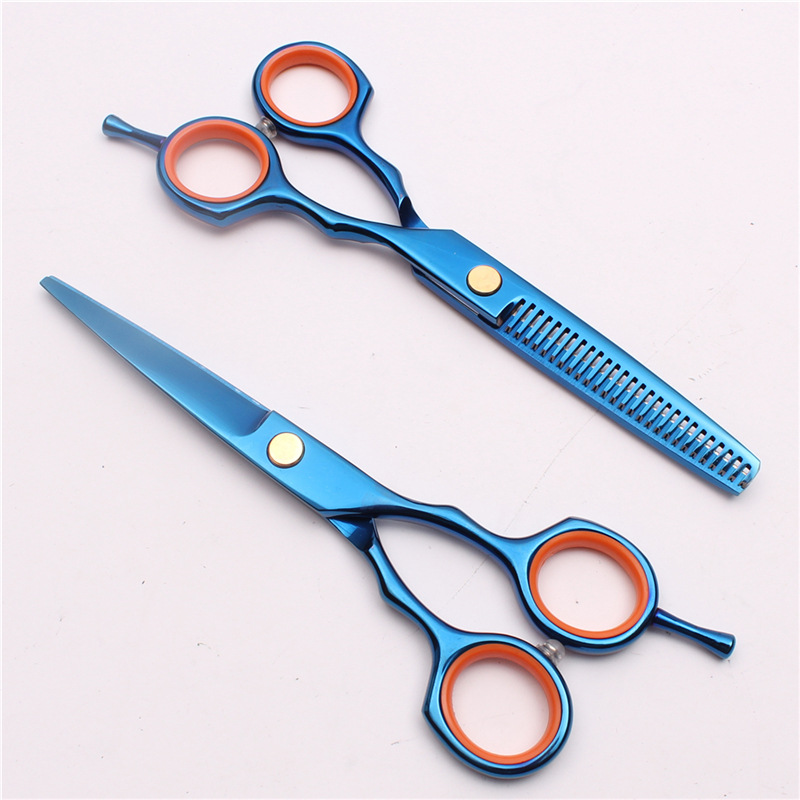 5.5 inch barber scissors symmetrical handle flat tooth scissors black color blue silver home hairdressing tools factory wholesale