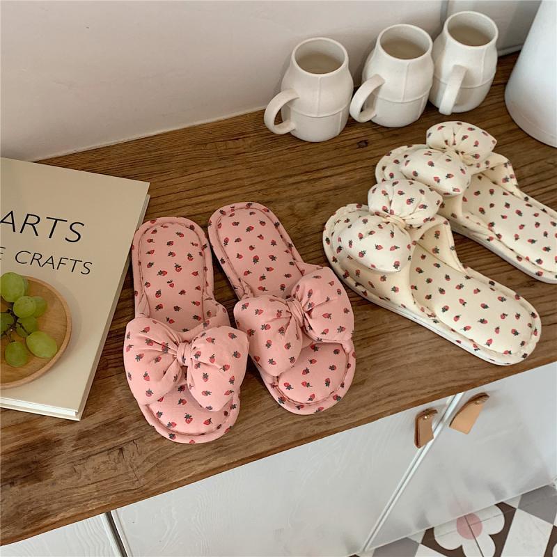 Cute Girl Heart Bow Summer Linen Slippers Indoor Home Flat Four Seasons Fabric Floor Slippers for Women