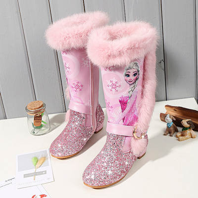 2024 Winter girls' high heel boots fleece-lined snow boots children's high boots baby girls' Princess boots Korean style cotton boots