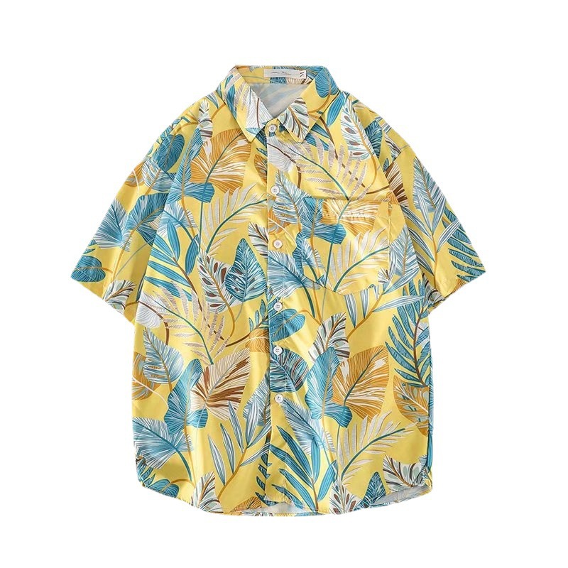 ulzzang Hawaiian men's floral shirt Hong Kong style vintage Beach seaside floral couple's floral shirt short sleeve men
