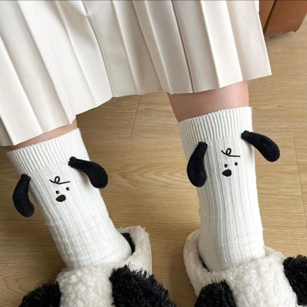 Three-dimensional Doll Socks Women's Spring and Summer Japanese Style Black Ear Puppy Mid-tube Stockings Vertical Stripe All-match Piled Stockings Women's