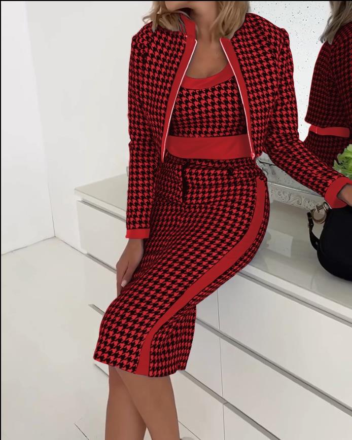 Fashion spring and autumn cute fresh sweet slim women's print long sleeve coat vest plus skirt three-piece suit