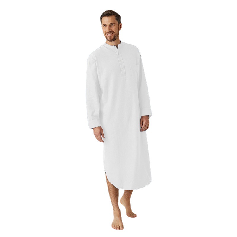 AliExpress Muslim Men's European and American Nightgown Long Sleeve Button Solid Color Arabian Shirt Cross Border Men's Robe