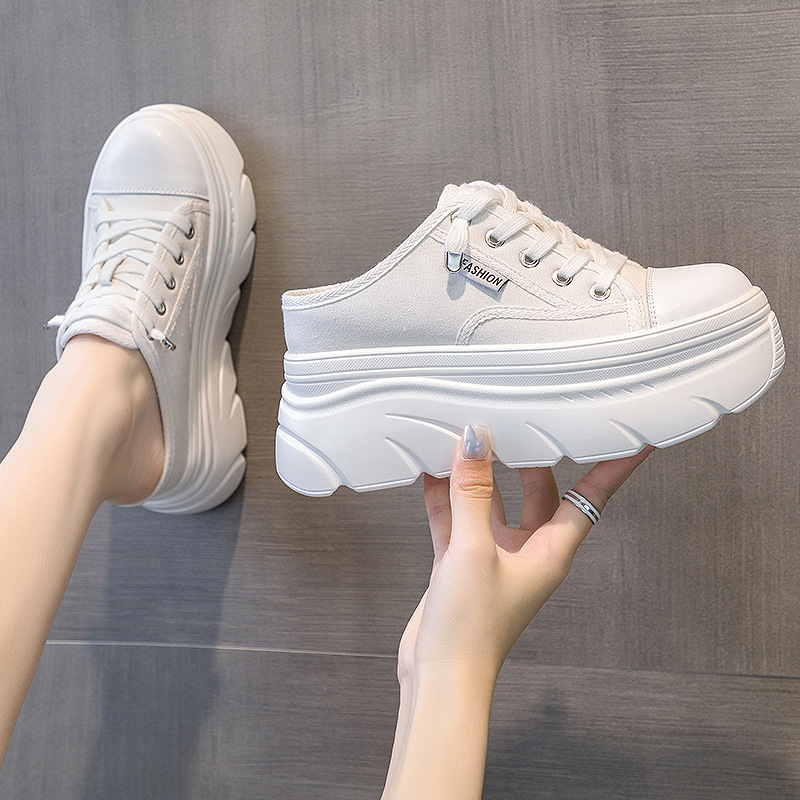 Closed toe slippers women's outdoor wear 2023 new summer versatile popular canvas half slippers fashion casual heel-free fashion