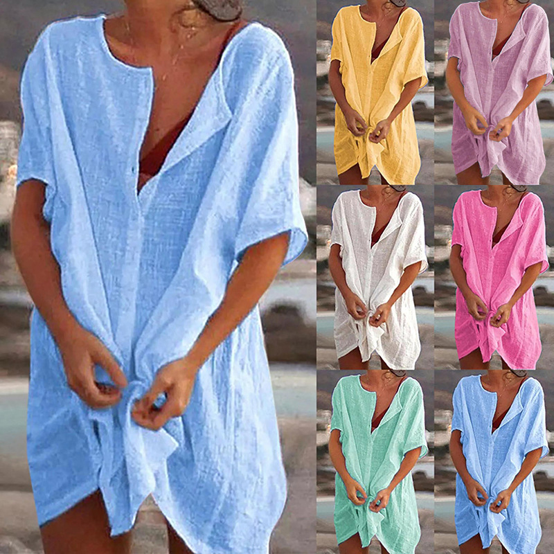 Spot cross-border foreign trade European and American women's shirt multi-color multi-size long loose solid color short sleeve shirt Women