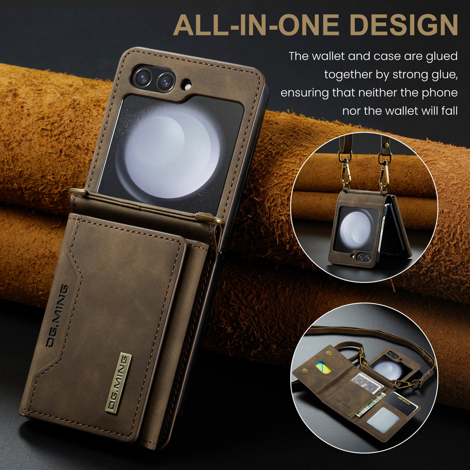 M2 folding case for Samsung Z Flip5 card wallet phone case Z Flip4 shoulder strap card holder protective leather case