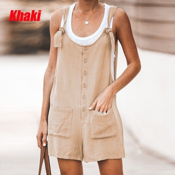 2024 Summer wish Amazon ebay European and American women's solid color patch pocket lace-up cotton and linen suspender pants
