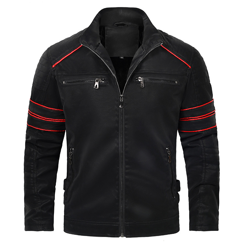 Cross-Border Men's autumn and winter frosted leather coat fashionable stand collar brushed PU jacket motorcycle fashion brand Slim jacket
