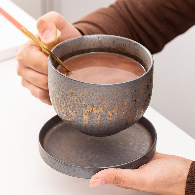 金粗陶コーヒーカップ日本式コップ木柄コップ大容量オフィスリビングコーヒーミルクコップ|undefined