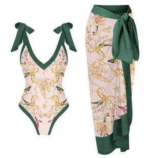 2025 European and American New Vintage Printed Swimsuit Women's Ins Style Hot Skirt Beach Skirt suit in stock