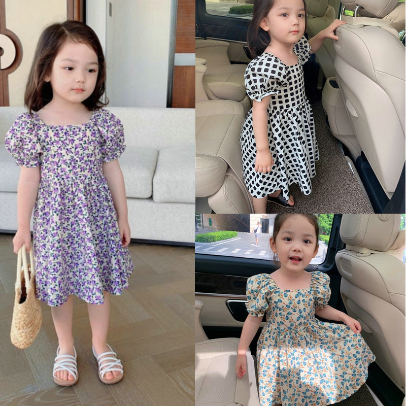 女童小碎花格子連衣裙2024夏裝兒童寶寶夏季洋氣小清新短袖裙子潮
