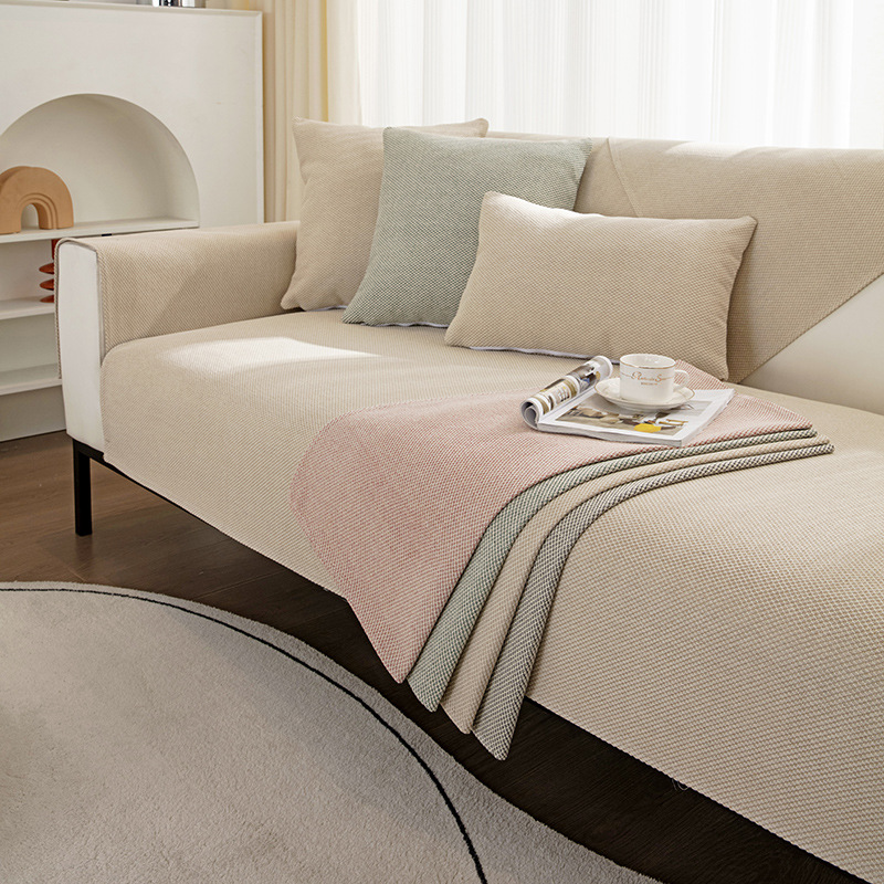 Cotton Linen Sofa Cushion Cover with Back Strap, All-Season Universal Full Coverage Anti-Slip Lightweight Modern Simple Stylish Solid Color