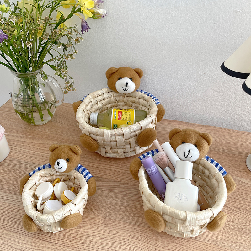 ins Style Bear Hugging Doll Cute Straw Handmade Storage Basket Desktop Key Remote Control Sundries Storage Basket